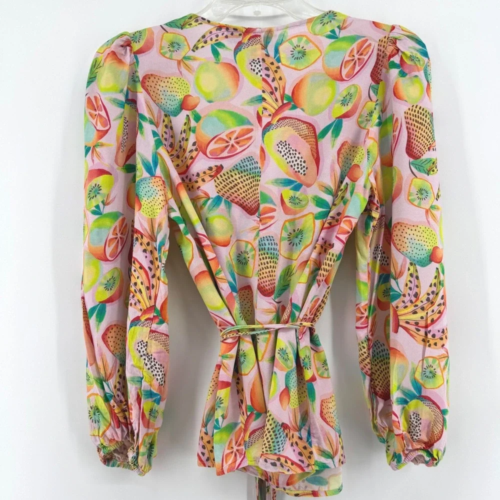 FARM Rio for Anthropologie Rainforest‎ Fruit Print Beaded Tassel Wrap Blouse XS